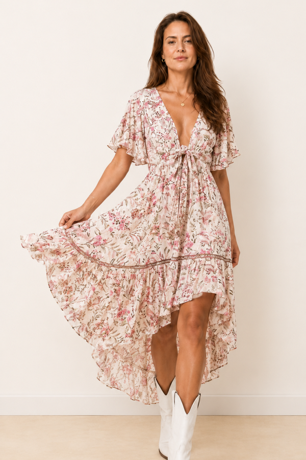 Bohemian Printed Waist Cutout Dress