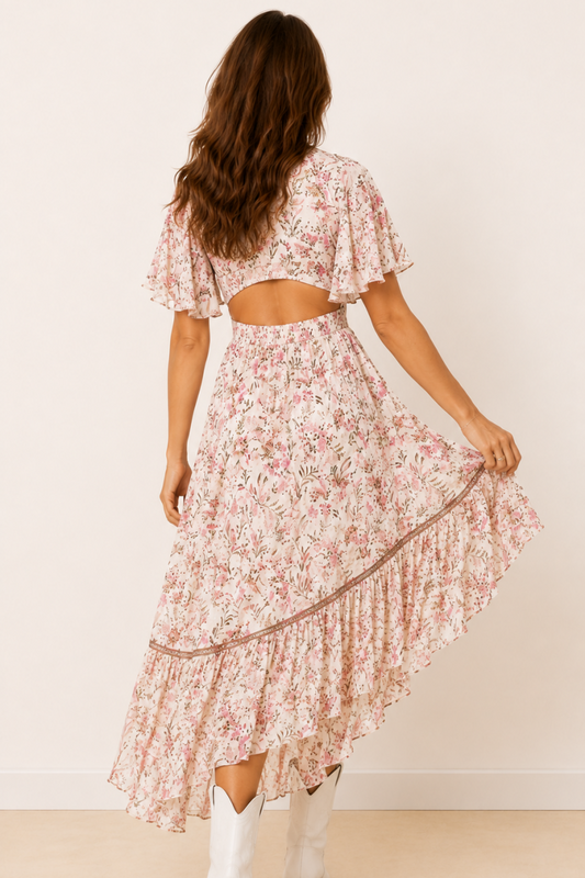 Bohemian Printed Waist Cutout Dress