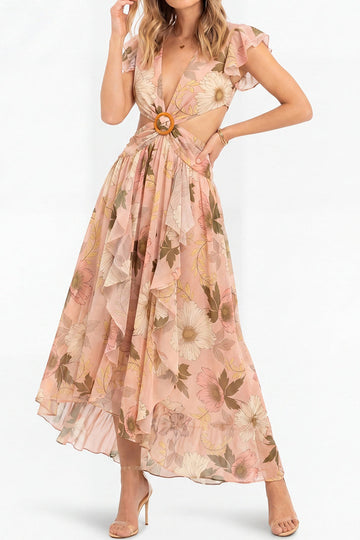 Pink Tone Floral Ruffle Sleeve Long Dress
