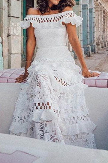 Off Shoulder Hollow Out Ruffled Flared Long Dress