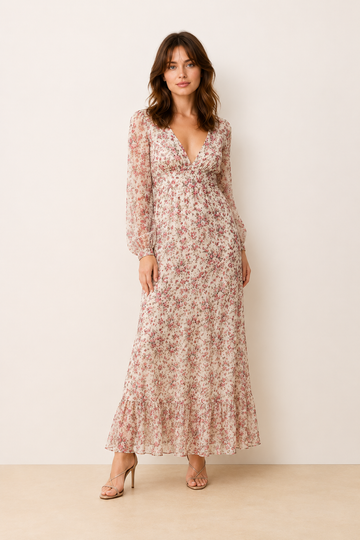 Floral V-Neck Ruffle Sleeve Long Dress
