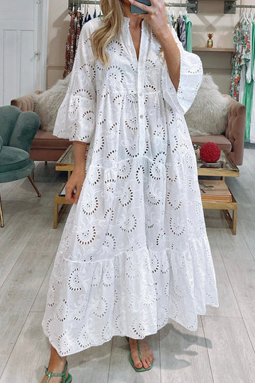 Hollow Embroidered Flare Sleeve Long Dress