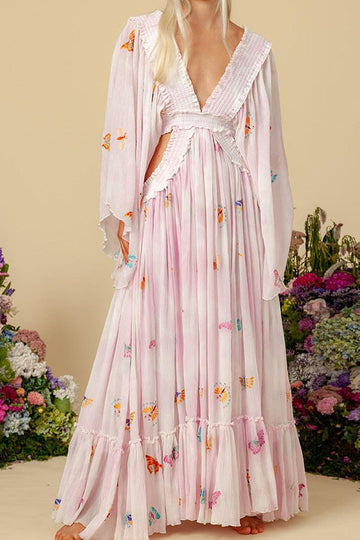 Butterfly Printed V-Neck Long Dress