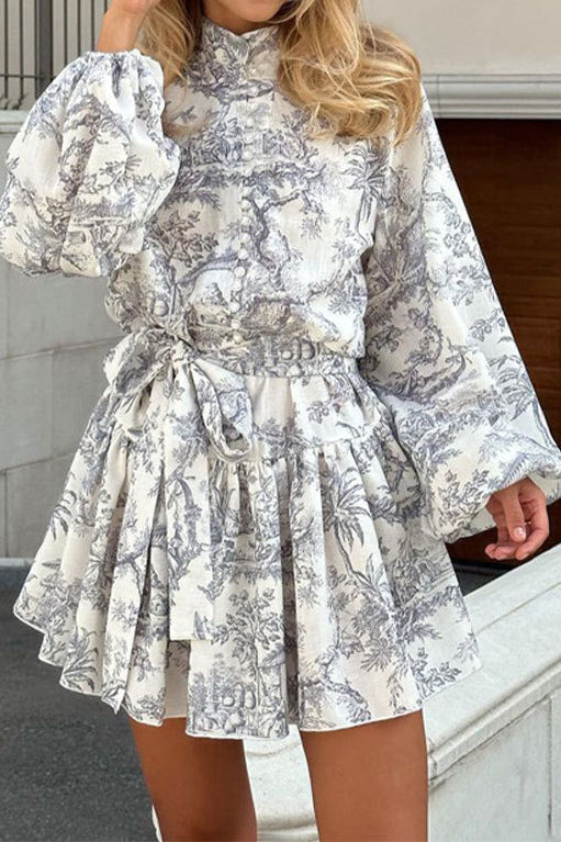 Toile Print Tie Waist Mini Dress