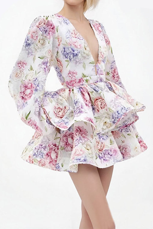 Floral Puff Sleeve Tiered Mini Dress