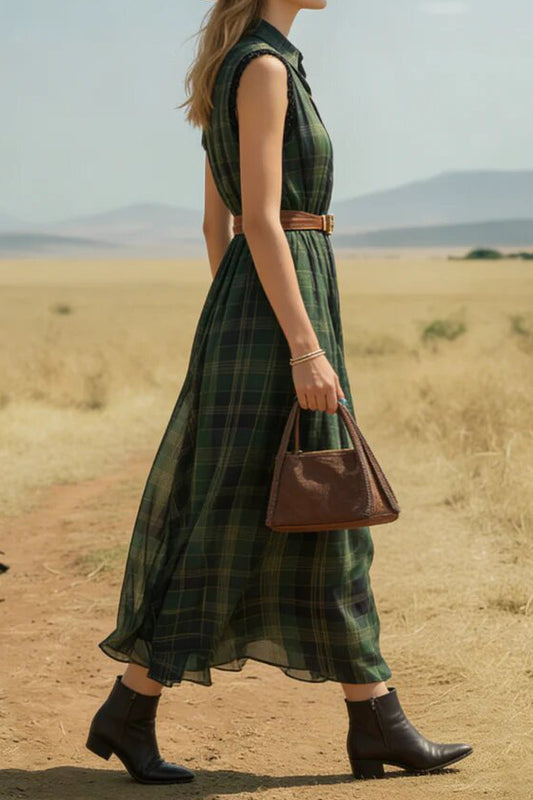 Plaid Sleeveless Belted Shirt Maxi Dress