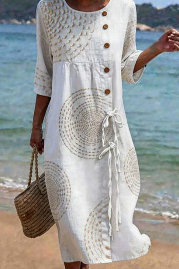 Circular Embroidered Button Front Tie Maxi Dress