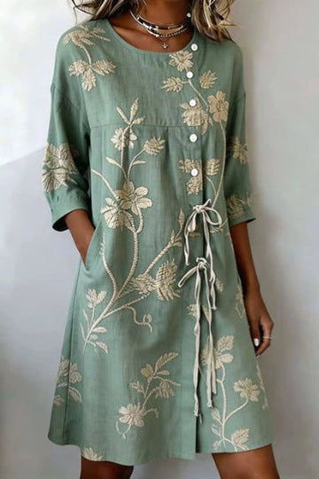 Botanical Embroidered Button Front Tie Mini Dress