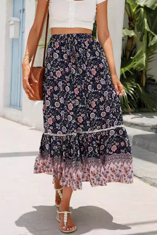 Floral Panel Ruffle Hem Midi Skirt