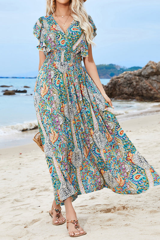 Paisley Print V-Neck Ruffle Sleeve Maxi Dress
