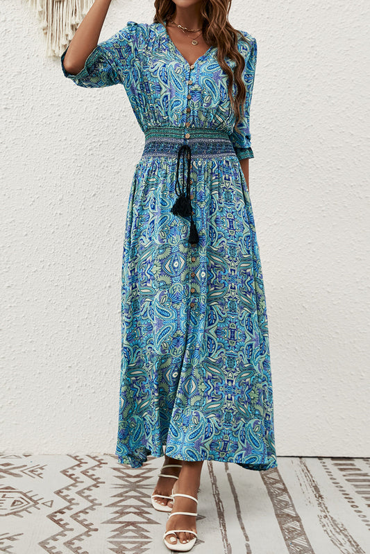 Paisley Print Drawstring Maxi Dress