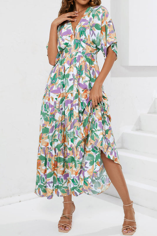 Botanical Print V-Neck Tie Waist Midi Dress