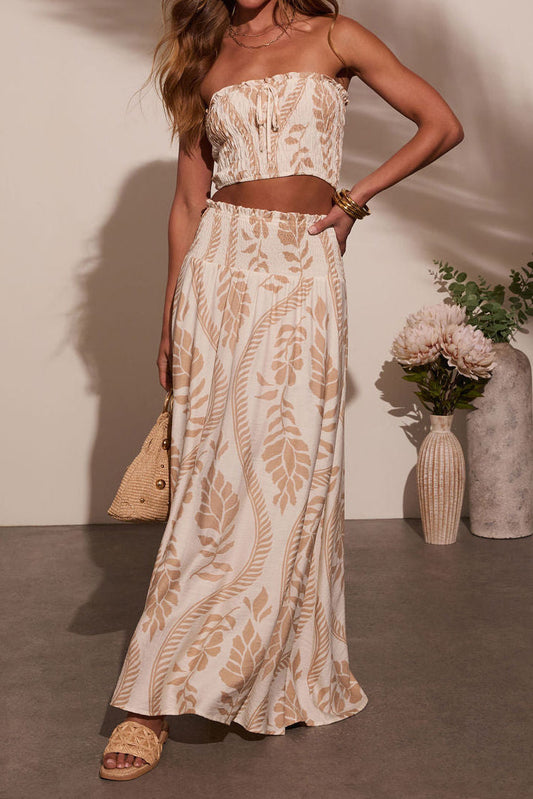 Leaf Print Bandeau Maxi Skirt Set