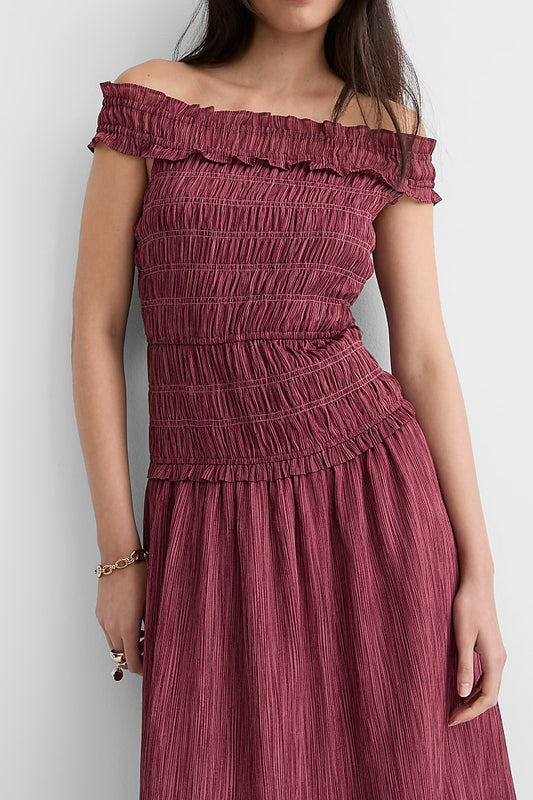 Smocked Off Shoulder Ruffle Maxi Dress