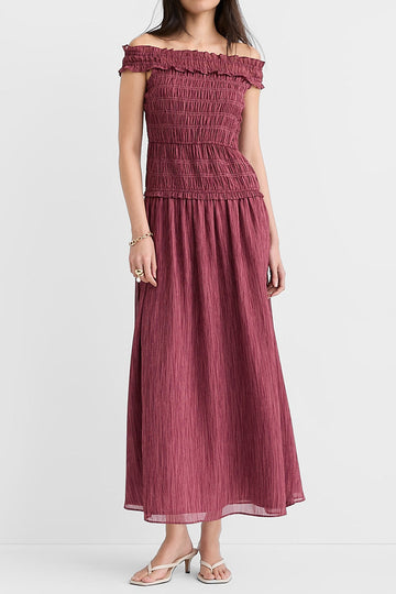 Smocked Off Shoulder Ruffle Maxi Dress