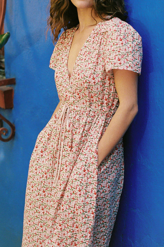 Ditsy Floral V-Neck Tie Waist Midi Dress