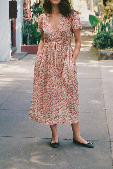 Ditsy Floral V-Neck Tie Waist Midi Dress