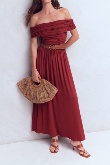 Pleated Off Shoulder Belted Maxi Dress