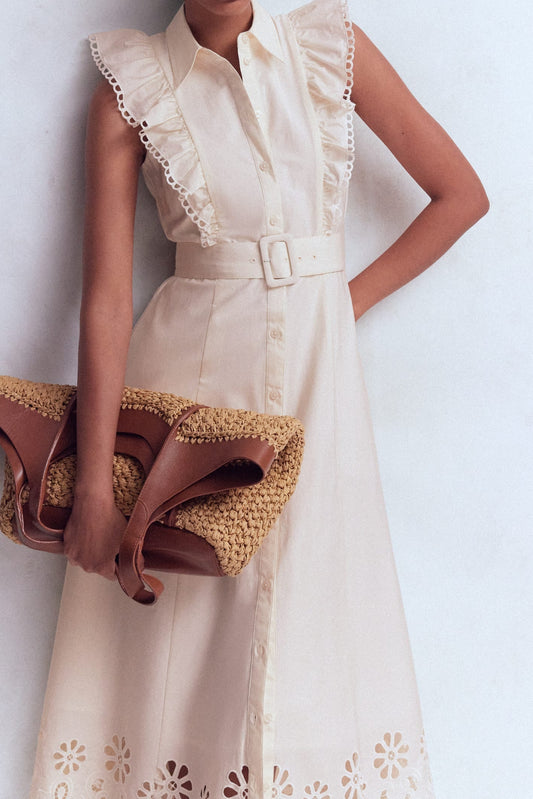 Eyelet Embroidered Ruffle Sleeve Shirt Midi Dress
