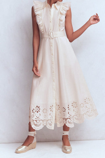 Eyelet Embroidered Ruffle Sleeve Shirt Midi Dress