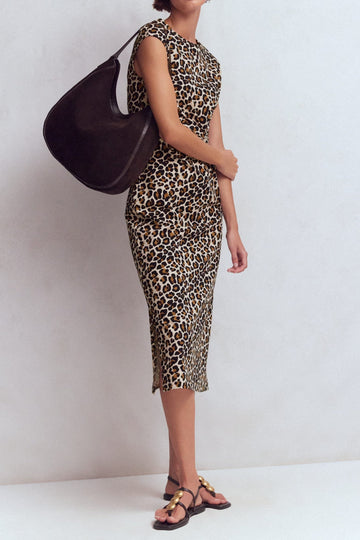 Leopard Print Sleeveless Slit Midi Dress