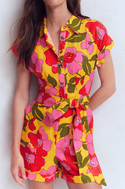 Floral Print Tie Waist Shirt Romper