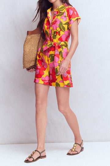 Floral Print Tie Waist Shirt Romper