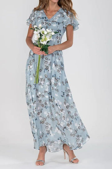Floral V-Neck Ruffle Sleeve Maxi Dress