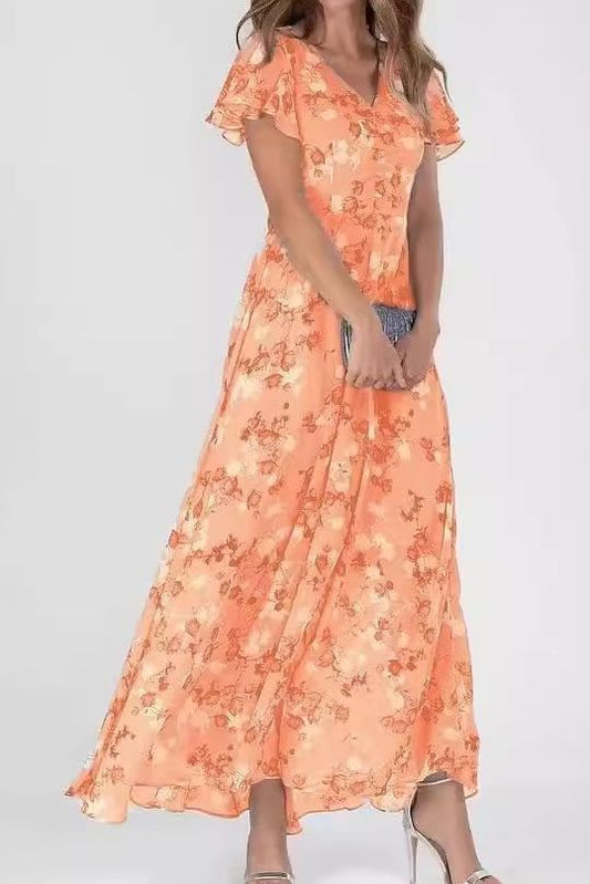 Floral V-Neck Ruffle Sleeve Maxi Dress