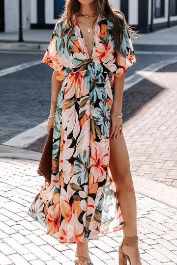 Tropical Floral Twist Front Maxi Dress