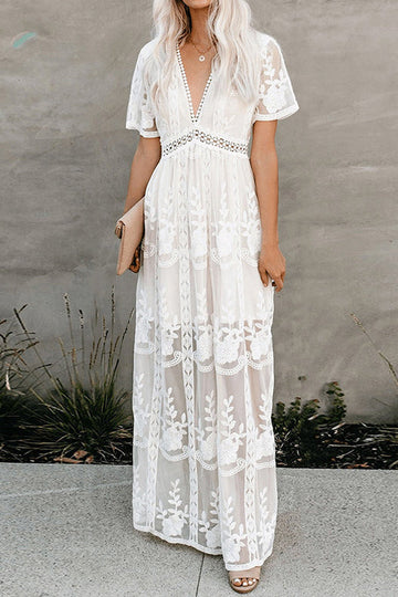 White Lace Embroidered Maxi Dress