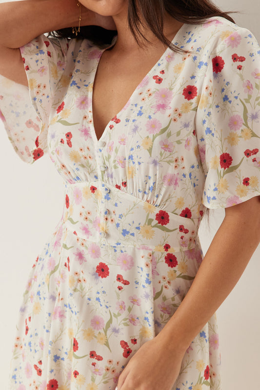 V-Neck Cinched Waist Midi Dress