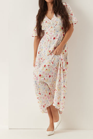 V-Neck Cinched Waist Midi Dress