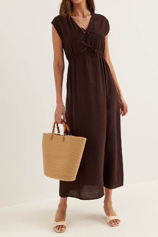 Dark Brown V-Neck Cinched Waist Dress