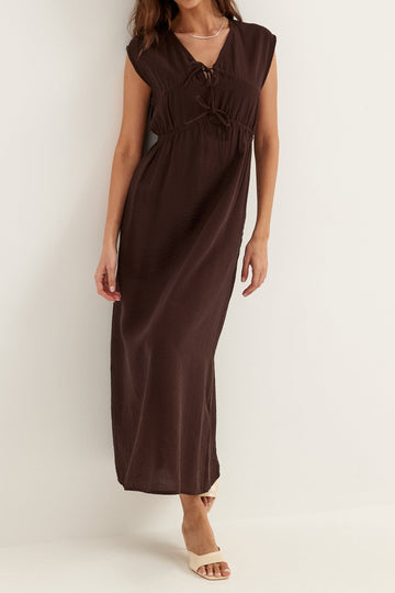 Dark Brown V-Neck Cinched Waist Dress