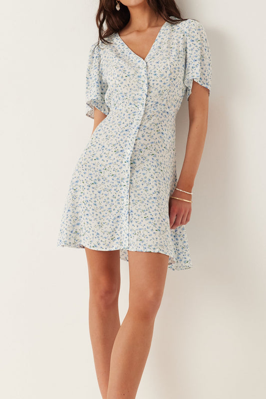 Blue Floral V-Neck Midi Dress
