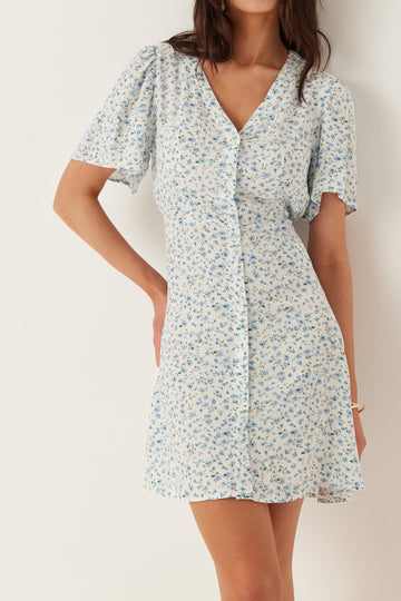 Blue Floral V-Neck Midi Dress