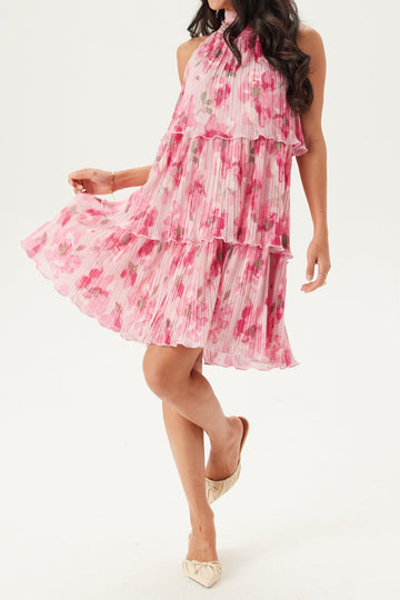 Floral High Neck Pleated Mini Dress
