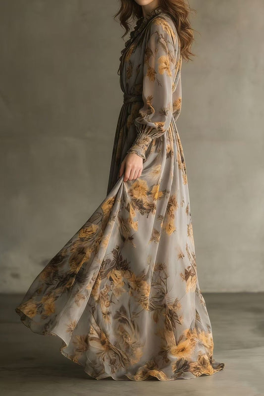 Chiffon Floral Waist Long Sleeve Maxi Dress