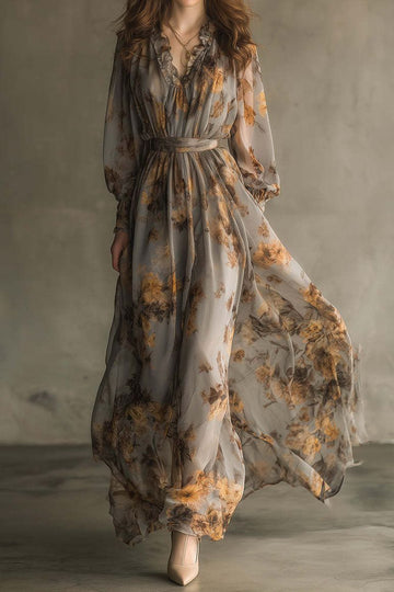 Chiffon Floral Waist Long Sleeve Maxi Dress