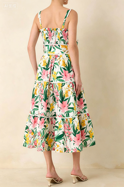 Tropical Print Spaghetti Strap Midi Dress