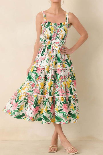 Tropical Print Spaghetti Strap Midi Dress