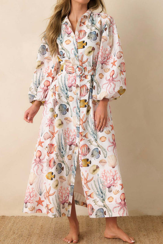 Ocean Print Shirt Midi Dress