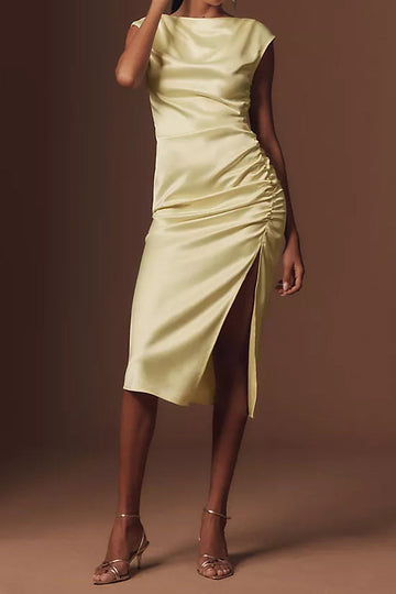 High-Neck Ruched Satin Midi Dress