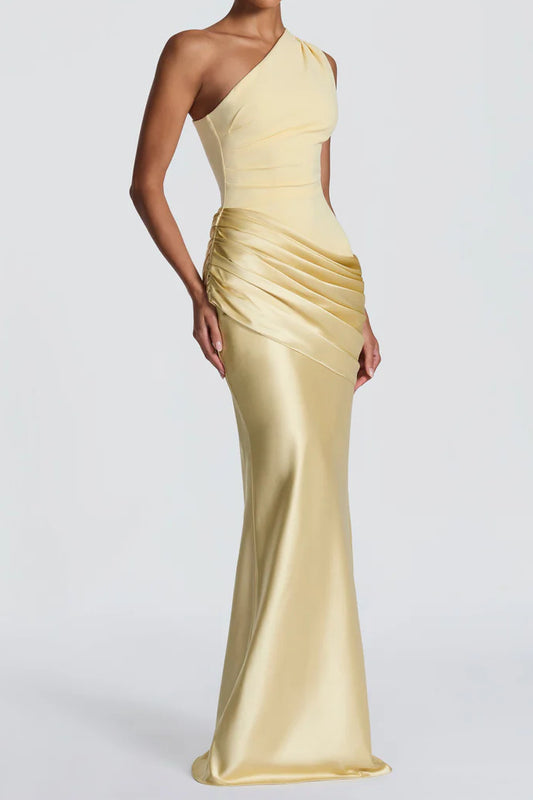 One-Shoulder Ruched Satin Maxi Gown