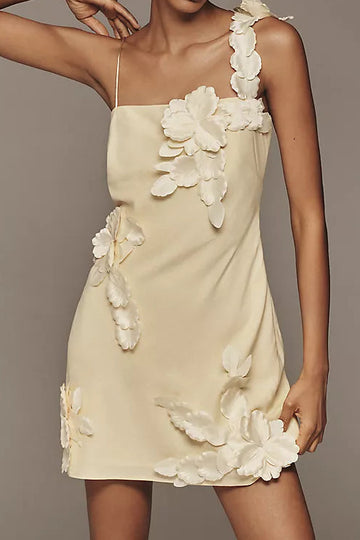 Floral Appliqué Linen Mini Dress
