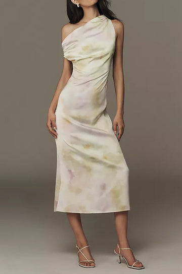 Off-Shoulder Printed Satin Maxi Dress