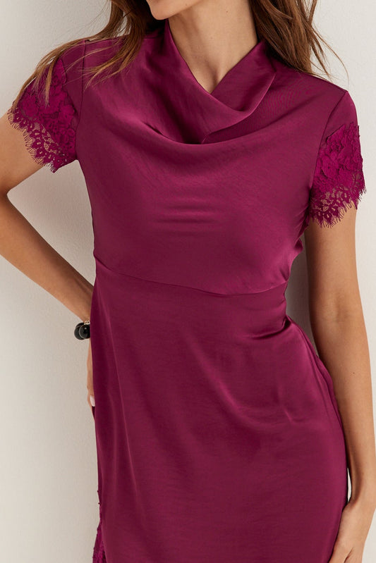 Lace Trim Asymmetric Satin Midi Dress