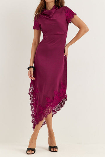 Lace Trim Asymmetric Satin Midi Dress
