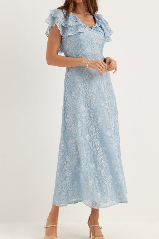 Lace Ruffle V-Neck Midi Dress